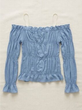 True Destiny Light Blue Off-Shoulder Smocked Ruffle Top